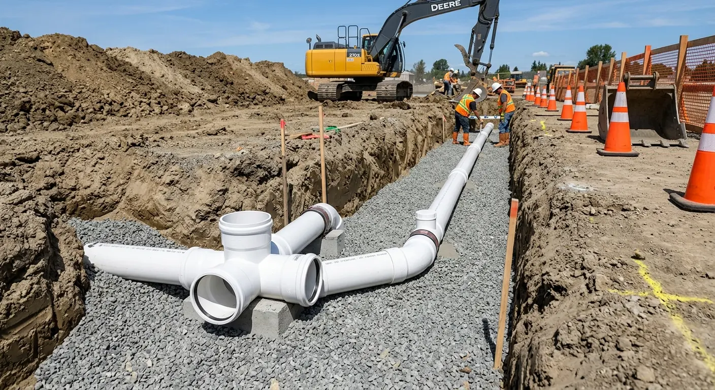 New PVC sewer pipe installation in open trench for Sewer Backup in Bellefontaine